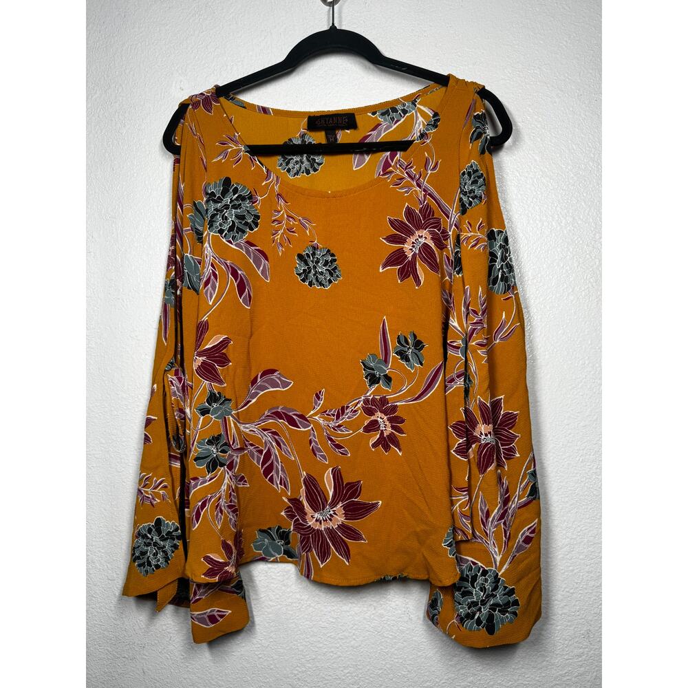 Shyanne Floral Cold Shoulder Top Mustard Yellow Red Pullover Long Sleeve Sz M